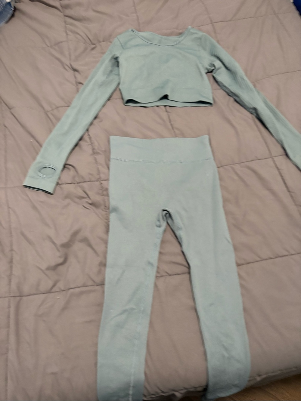 Light Sage Green Ribbed Crop Top and High-Waist Leggings Set